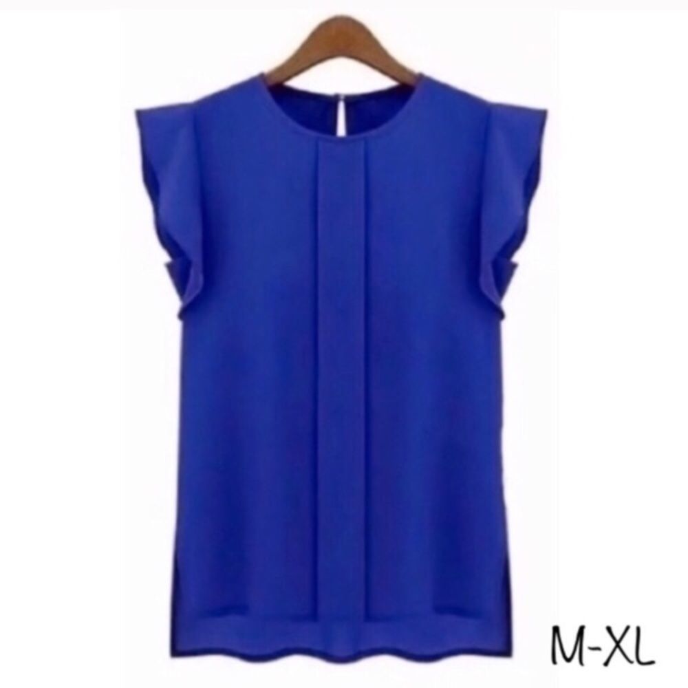 Blue Chiffon Flutter Sleeve Cap Sleeve Blouse L or XL